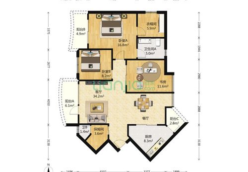 幸福家园 3室1厅2卫 130㎡ 户型