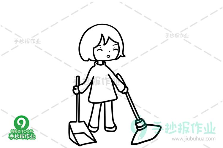 帮妈妈做家务扫地的女孩简笔画