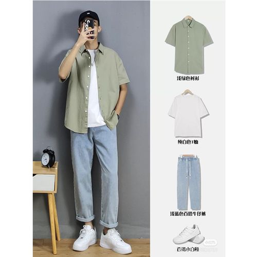 小红书潮男穿搭套装短袖衬衫男士宽松休闲衬衣帅气国潮流百搭外套