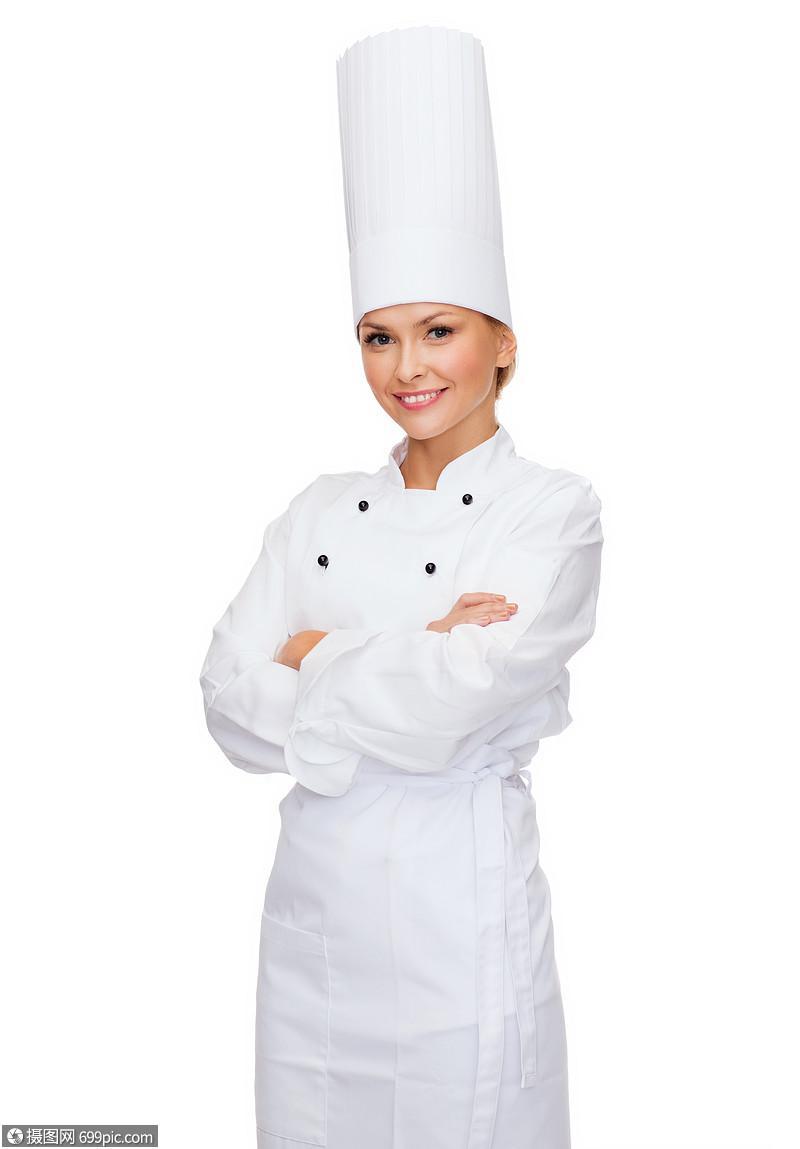 烹饪食物微笑的女厨师交叉手臂职业助理