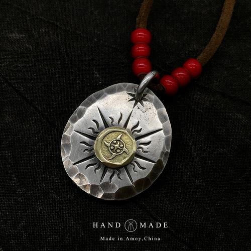 unend银匠阿豪新款手工银饼吊坠印第安机车太阳纹挂坠