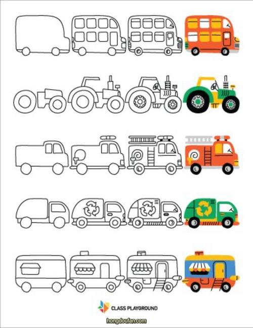 一步一步学习画简笔画冰激凌车垃圾车消防车拖拉机双层公共汽车要如何
