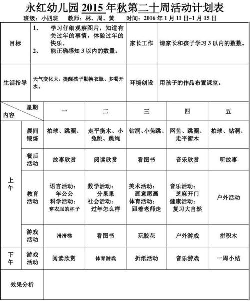 永红幼儿园2015年秋第二十周活动计划表