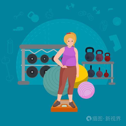 胖女人.年轻漂亮的卡通风格健身女孩在健身房