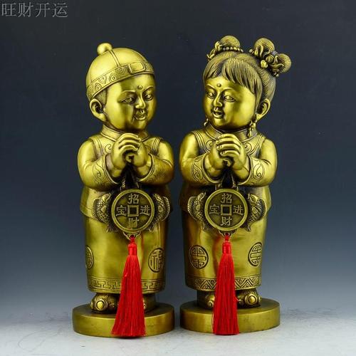 纯铜金童玉女摆件佛像大号招财童男童女送财童子一对工艺品
