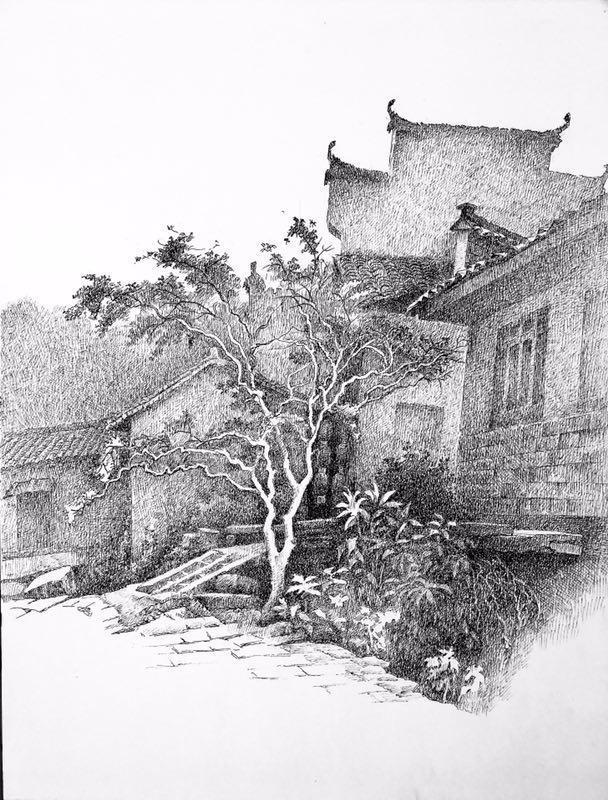 再绘屏山古建吴天先生钢笔画作品分享