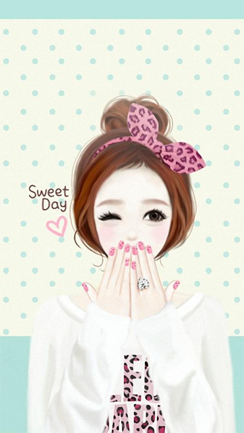 求卡通女孩,丸子头,闭一只眼,双手捂嘴巴,银色心形戒指手机壁纸原图