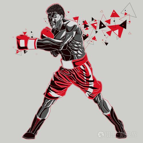 有图形痕迹的拳击运动员. 矢量插图的战斗机给予穿孔黑色和红色.