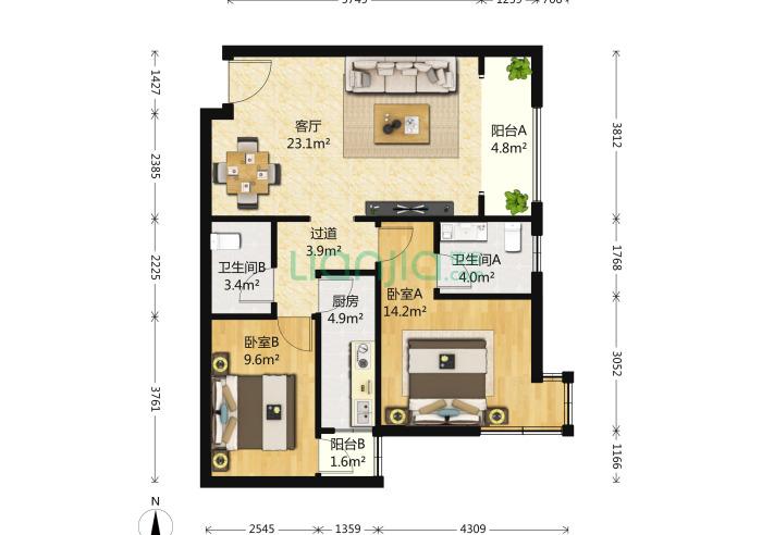 北苑家园茉藜园2室1厅2卫98