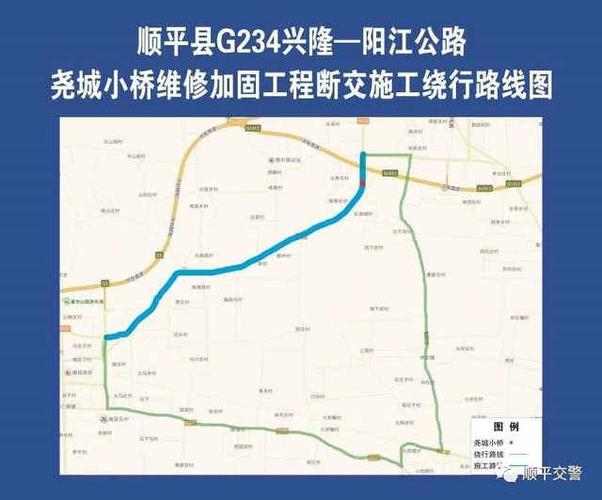 图片来自顺平交警官方微信,蓝色为施工线路,绿色为绕行线路