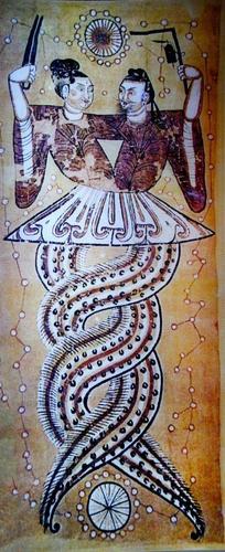 传说中中国人类始祖伏羲和女娲就都是龙身人首(或蛇身人首).