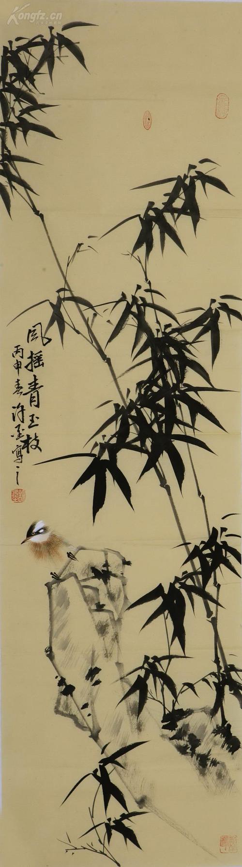 著名画家许墨竹报平安风摇青玉枝虚心傲骨清风雅韵竹子小鸟四条屏