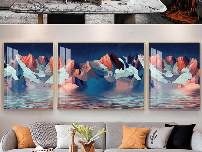 原创新中式线条抽象山水三联装饰画高档大气水墨油画