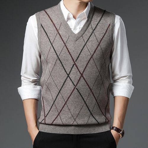 秋冬毛衣背心男加厚套头爸爸装无袖羊毛马甲中年鸡心领羊绒针织衫 米