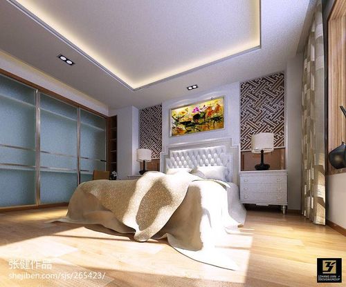 鸿基书香园中式卧室床头背景墙地板装修效果图