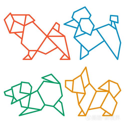 抽象低聚宠物狗品种标志轮廓隔离在白色. 徒手画纸折叠艺术徽.