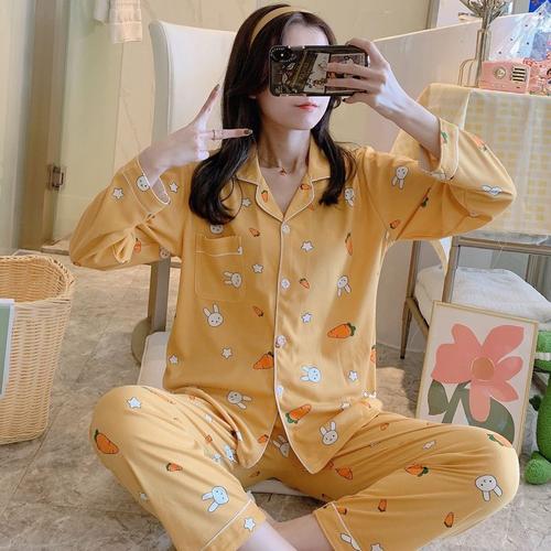 睡衣女秋冬开衫家居服女士长袖休闲宽松睡衣加大码睡衣月子服套装莎丞