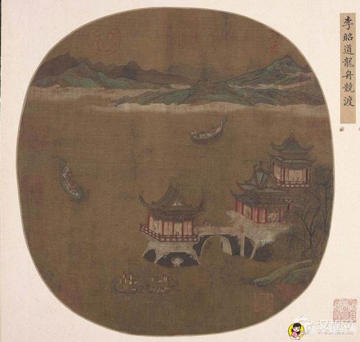 画坛父子:李思训江帆楼阁图与李昭道明皇幸蜀图(百幅中国名画)