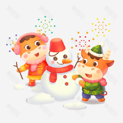 卡通生肖堆雪人元素图