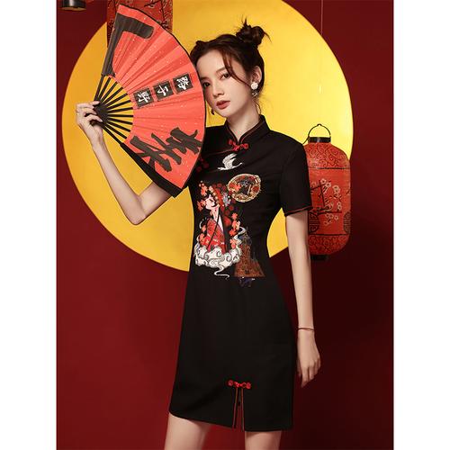 国潮旗袍2021年新款黑色复古中国风改良版小个子短款连衣裙女夏季