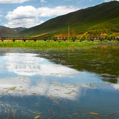 水面下,一样是清澈的蓝,白色的云朵倒映水中,似乎伸手就可采下