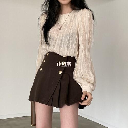 韩版奶杏色简约气质洋气蕾丝衬衫_蕾丝_杏色_衬衫_穿搭_蕾丝穿搭_时尚