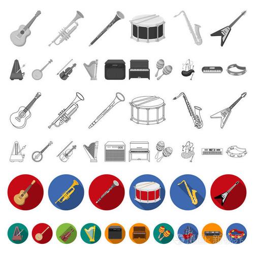 音乐仪器平面图标集集合中的设计.弦和管乐器矢量符号