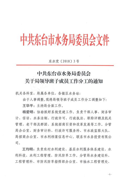 中共东台市水务局委员会关于局领导班子成员工作分工的通知