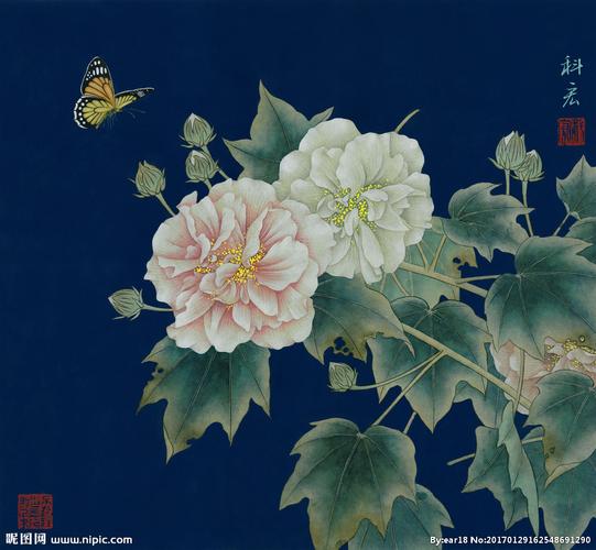 蓝底 芙蓉 工笔 写实设计图__绘画书法_文化艺术_设计