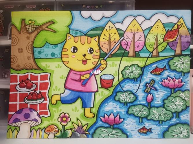 小猫钓鱼》_垂钓_儿童画_小猫_且听风吟怎么样_樱花_马克笔_文化_绘画