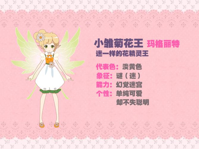 小雏菊花精灵王.      性格单纯可爱,却不失聪明.