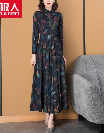 南极人轻奢品牌高档女装立领长袖大摆长裙2021秋款女装新款气质高腰