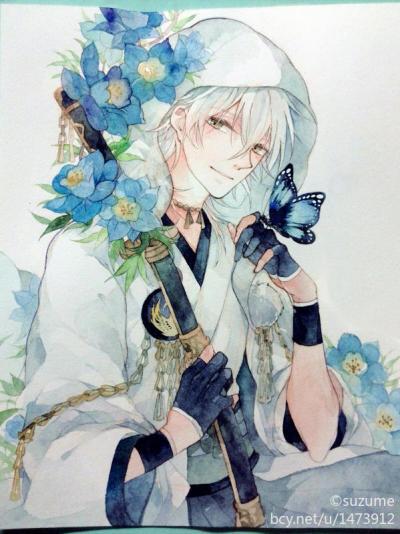 鹤丸国永 帅气 男子 花 温柔 蝴蝶 微笑 水彩 作者半次元:suzume