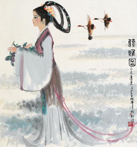 lot.086868林墉 己未(1979)年作 关睢图 镜片 设色纸本