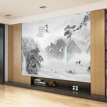 客厅电视背景墙壁纸 中式水墨山水画 迎客松书房墙纸壁画 仙鹤