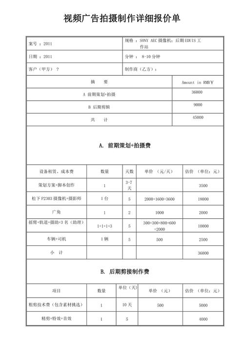 拍摄制作详细报价单