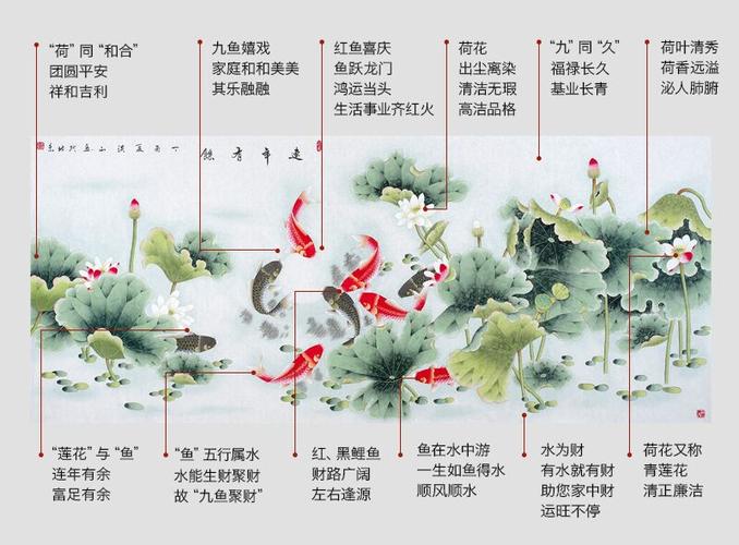 九鱼荷花图适合挂哪里九鱼图风水寓意