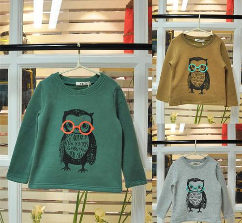 2014秋冬 精品 中小童 全棉厚磨毛布猫头鹰印花卫衣 品牌