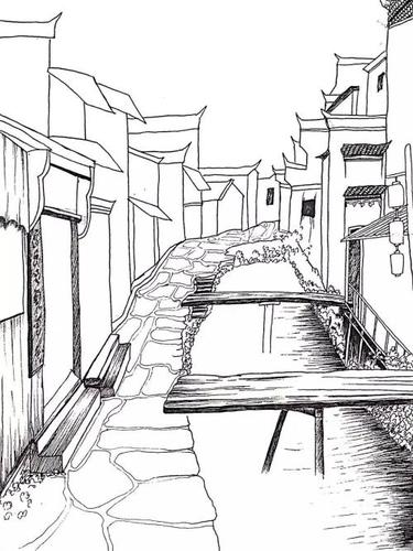 徽派建筑石板路简笔画