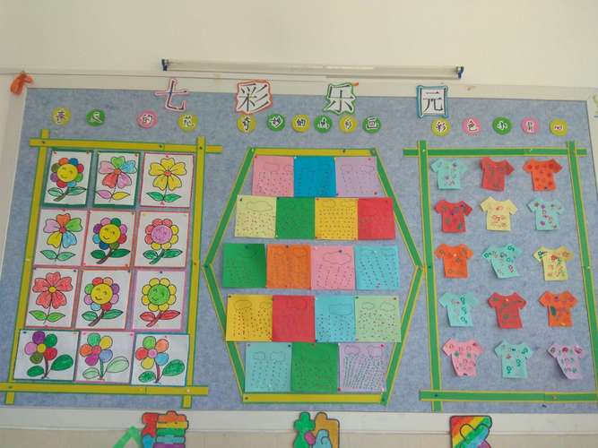 我们班主题墙展示的是上一个主题"七彩乐园"和正在进行中的"快乐宝贝