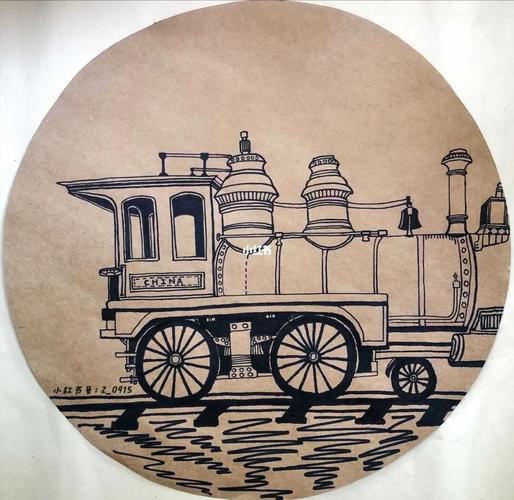 儿童画《蒸汽火车》_儿童画_火车_油画棒_素描_线描_文化_绘画