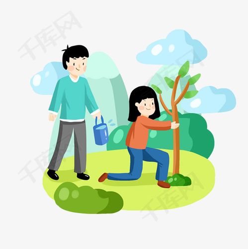 手绘卡通男孩和女孩植树节辛勤植树