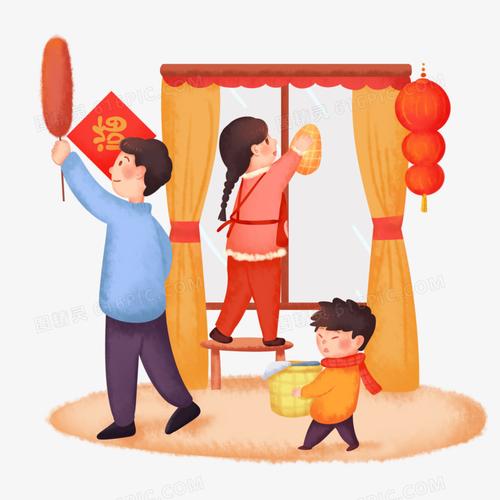 手绘卡通小年全家一起大扫除场景免抠素材