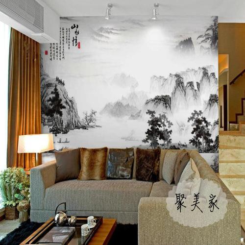 无缝大型壁画3d立体客厅电视背景墙壁纸自然风景水墨画山水情