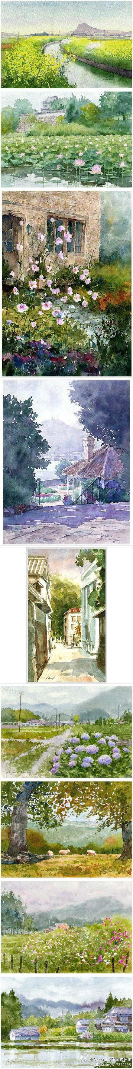 水彩风景画来自日本福冈的艺术家楢崎清春