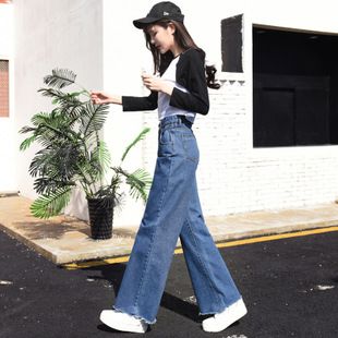 牛仔裤女高腰2018秋冬牛仔长裤高腰显瘦弹力腰宽松加绒加厚阔腿裤