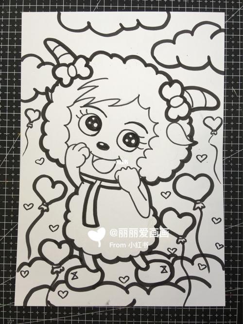 儿童画【美羊羊】附线稿图,涂色过程