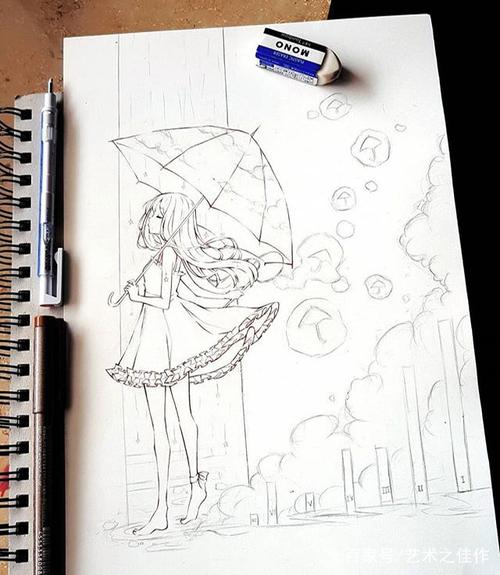 手绘人物线稿,漂亮的卡通动漫女孩