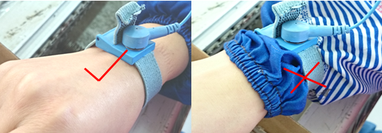 将静电手环佩戴在手腕上,使之与皮肤紧密接触