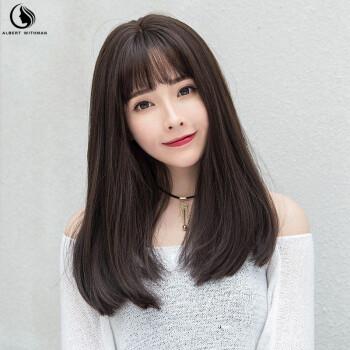 albertwithman假发女士高温丝黑色中长直发时尚空气刘海梨花烫内扣